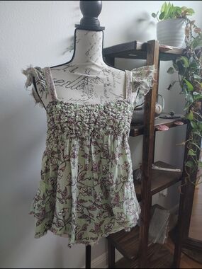 Free People Sage Green Floral Smocked Ruffle Strap Camisole